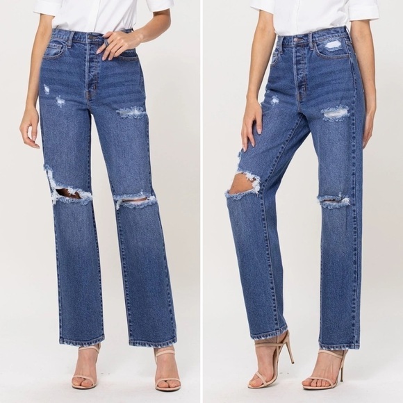 Cello NWOT High Rise Dad Jean 11 distressed ripped button fly mom blue straight - Picture 1 of 16